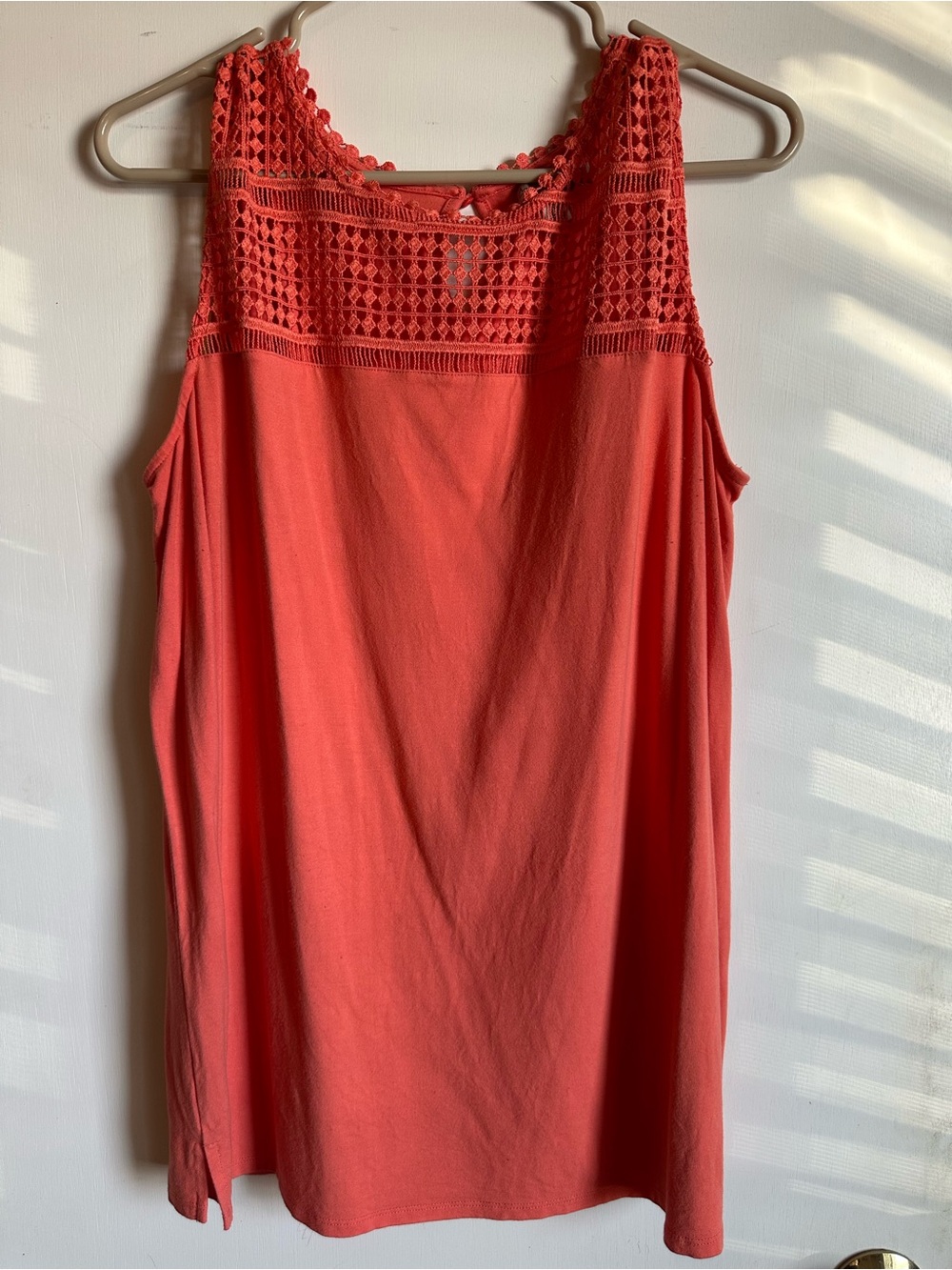 Sleeveless Crochet Yoke Tank Top in Coral